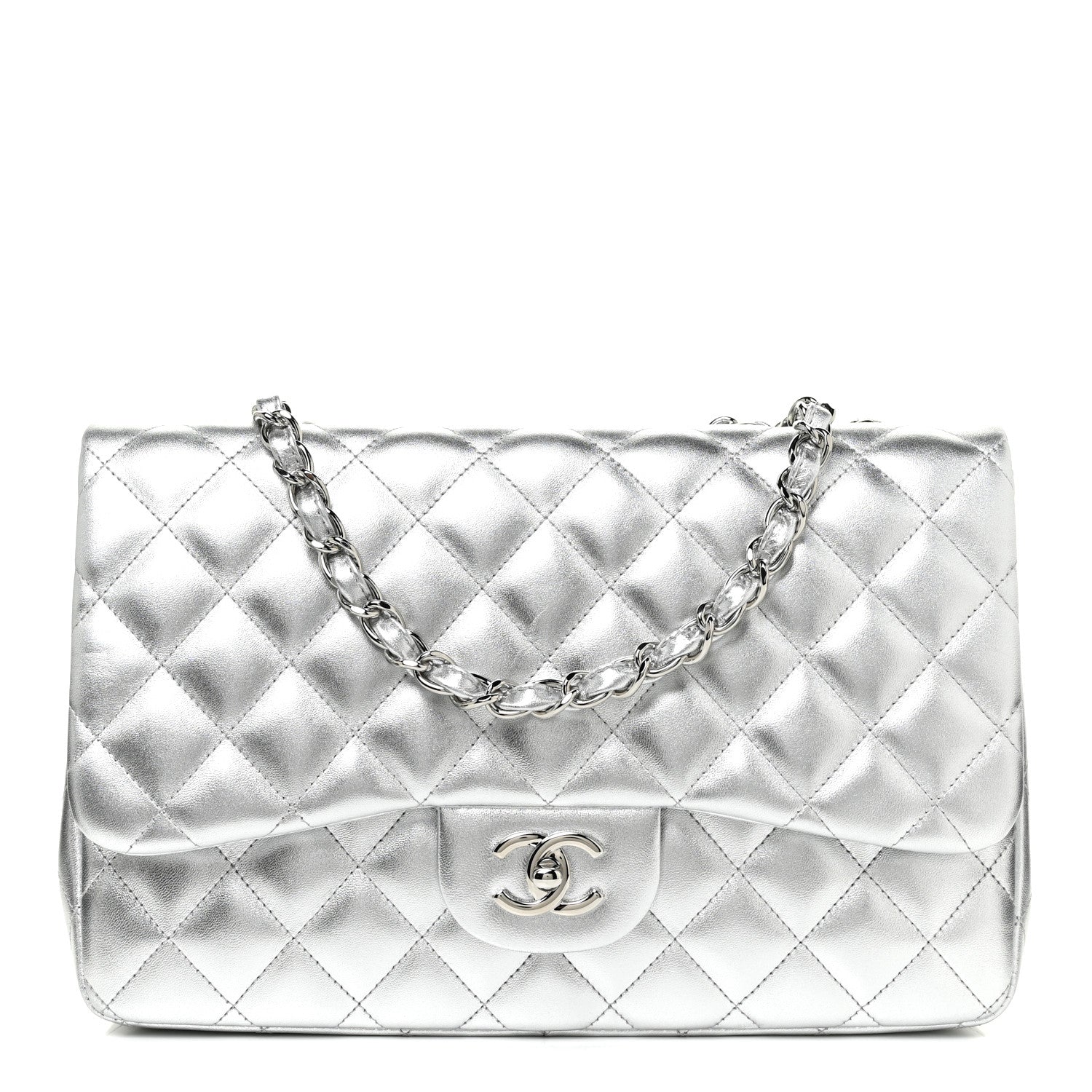 Chanel Metallic Lambskin Quilted Jumbo Single Flap Silver 1 of 11