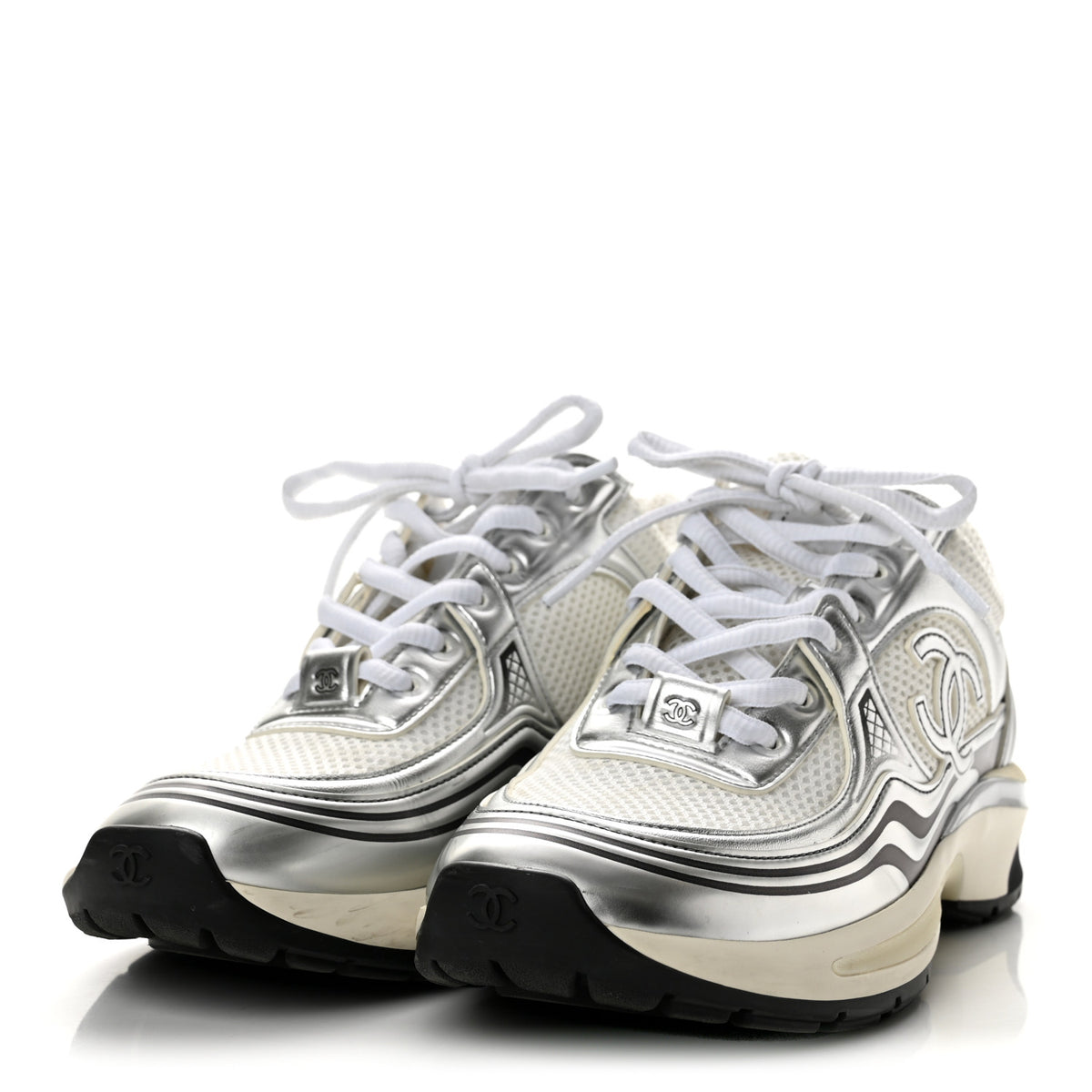 Fabric Laminated Calfskin Stretch CC Sneakers 36.5 White Gold Silver