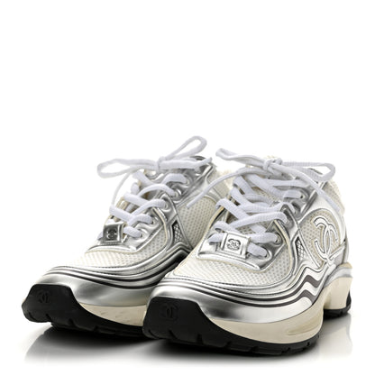 Chanel Fabric Laminated Calfskin Stretch CC Sneakers 36.5 White Gold Silver 4 of 9