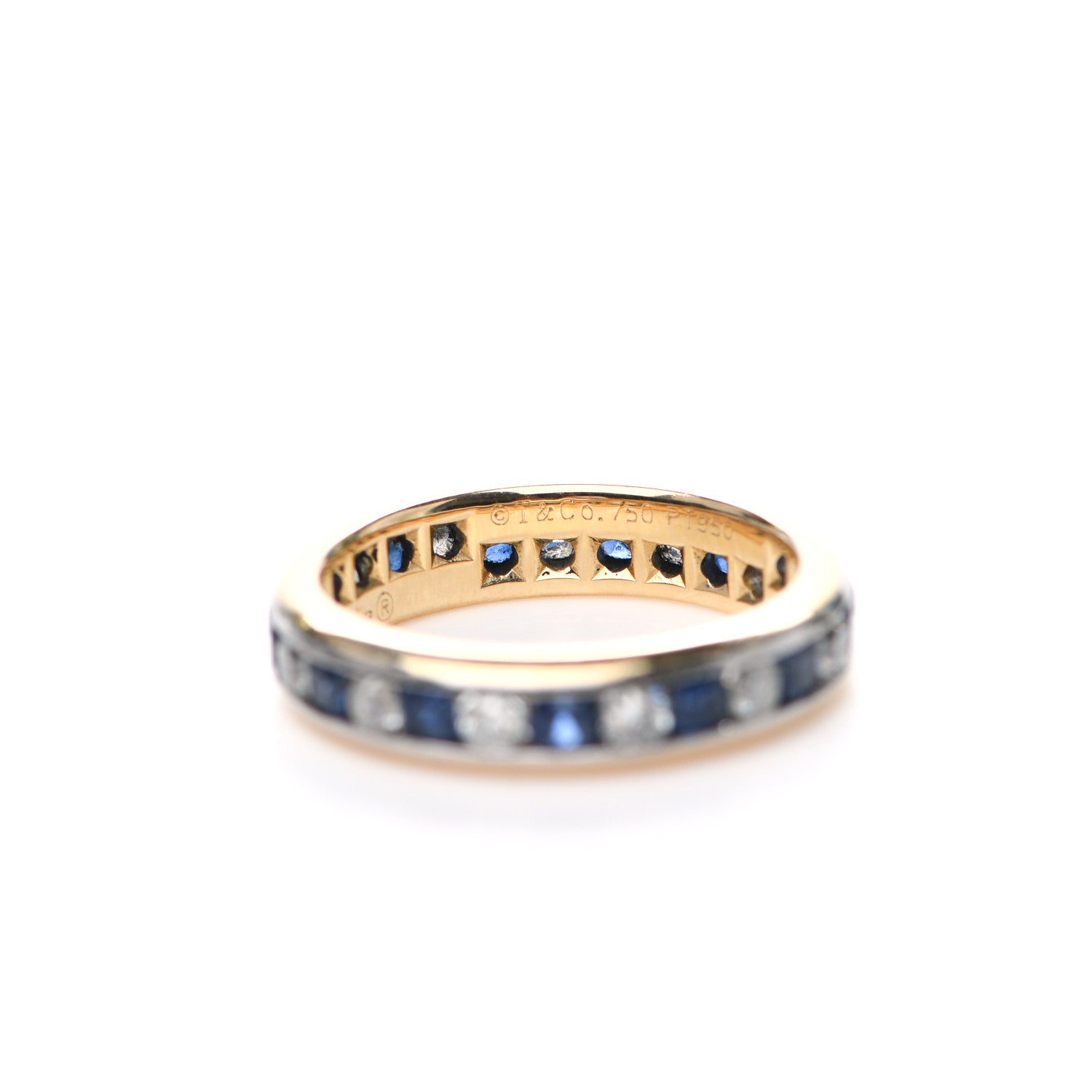 Tiffany 18K Yellow Gold Platinum Diamond Blue Sapphire 4mm Lucida Band Ring 49 5 4 of 5