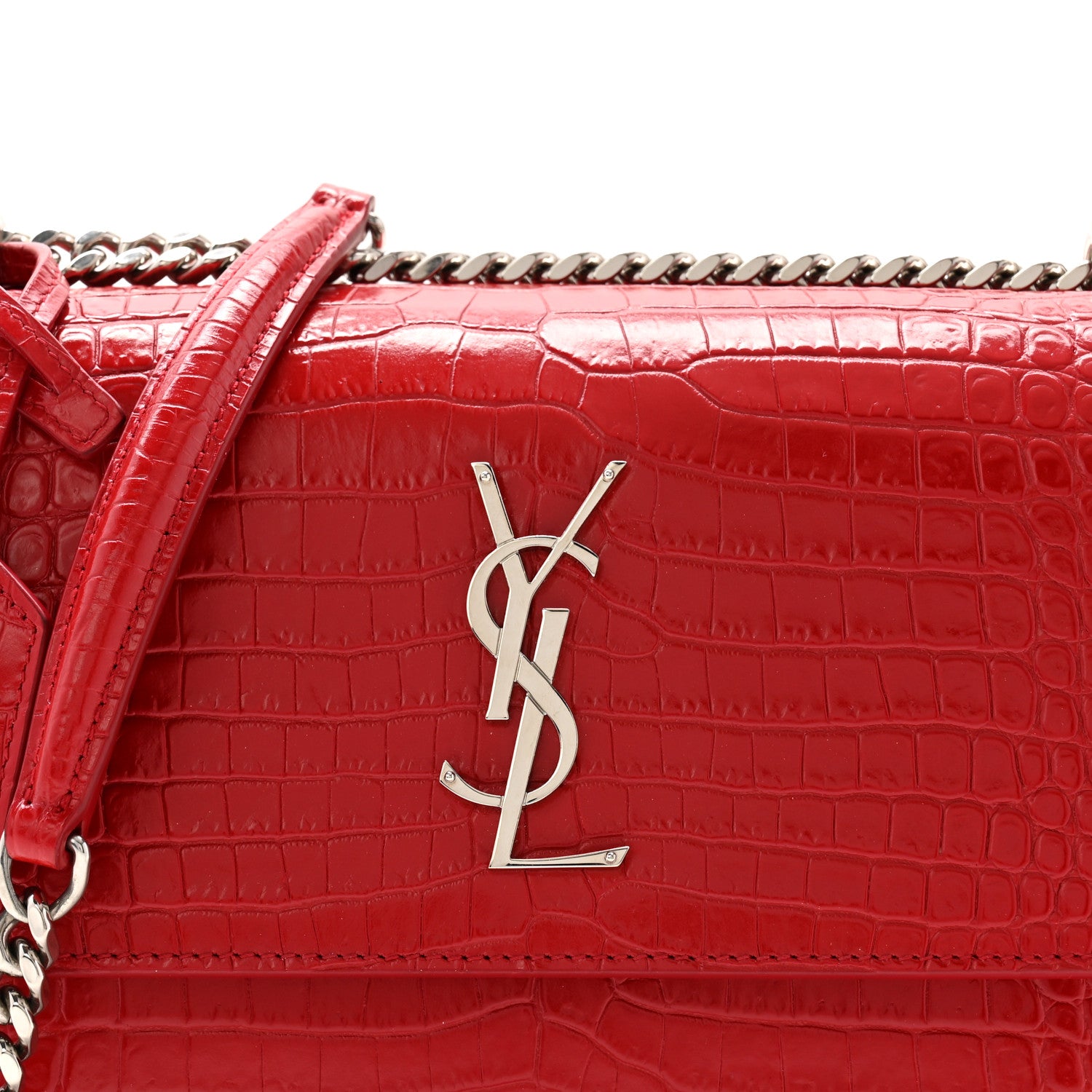 Saint Laurent Calfskin Crocodile Embossed Medium Monogram Sunset Rouge Eros 7 of 11