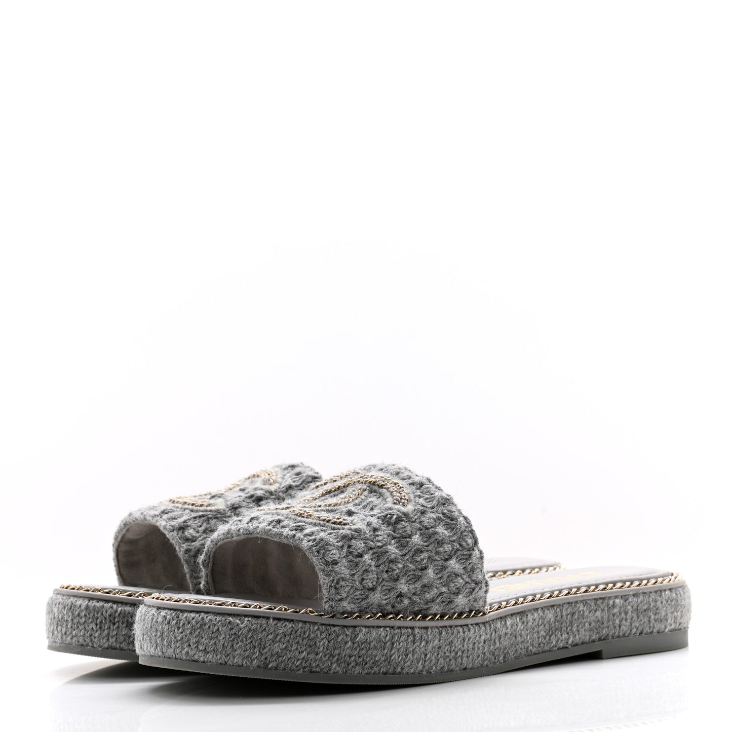 Wool Alpaca Chain CC Slide Sandals 37 Gray