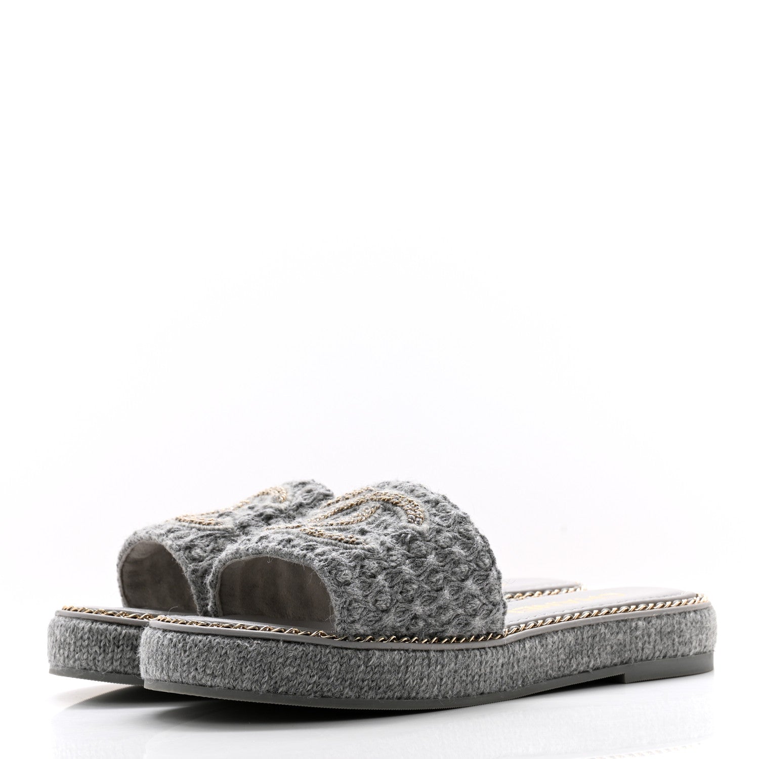 Chanel Wool Alpaca Chain CC Slide Sandals 37 Gray 3 of 9