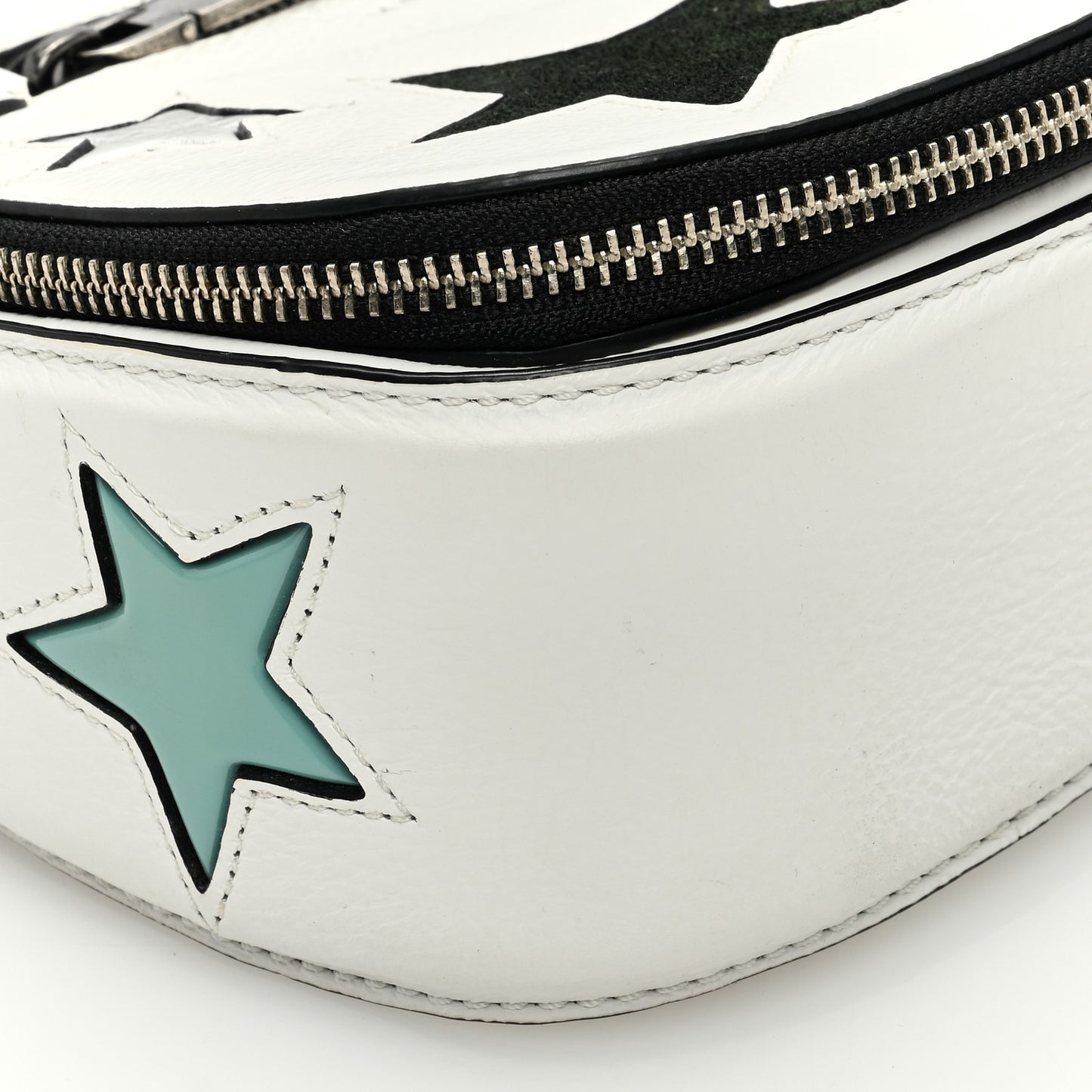 Pebbled Calfskin Star Patchwork Small Saddle Bag White Multicolor Almond