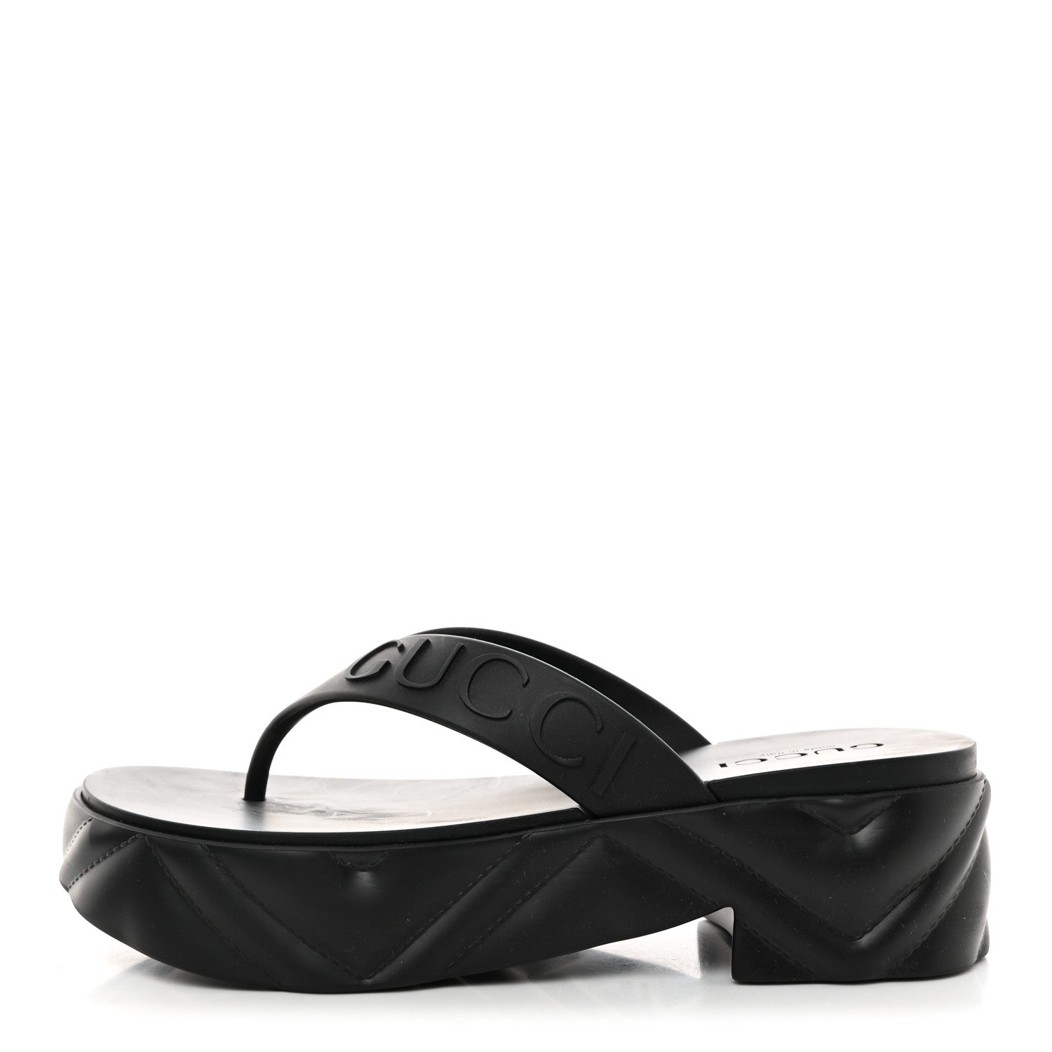 Gucci Rubber Chevron Logo Embossed Womens Thong Platform Sandals 35 Black 1 of 9