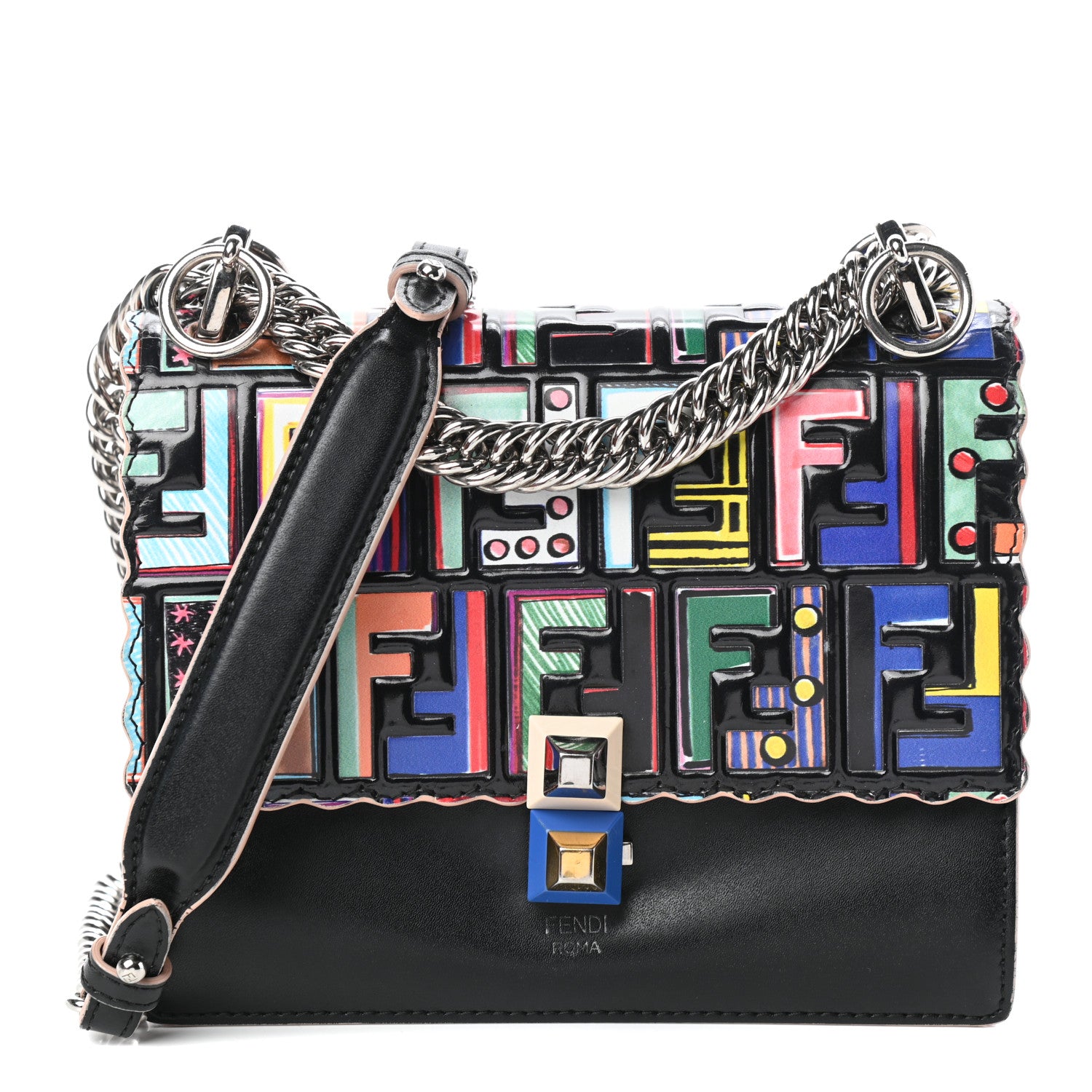 Fendi Vitello Liberty Fun Fair Embossed Scalloped Small Kan I Shoulder Bag Black Multicolor 1 of 8