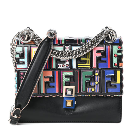 Fendi Vitello Liberty Fun Fair Embossed Scalloped Small Kan I Shoulder Bag Black Multicolor 1 of 8