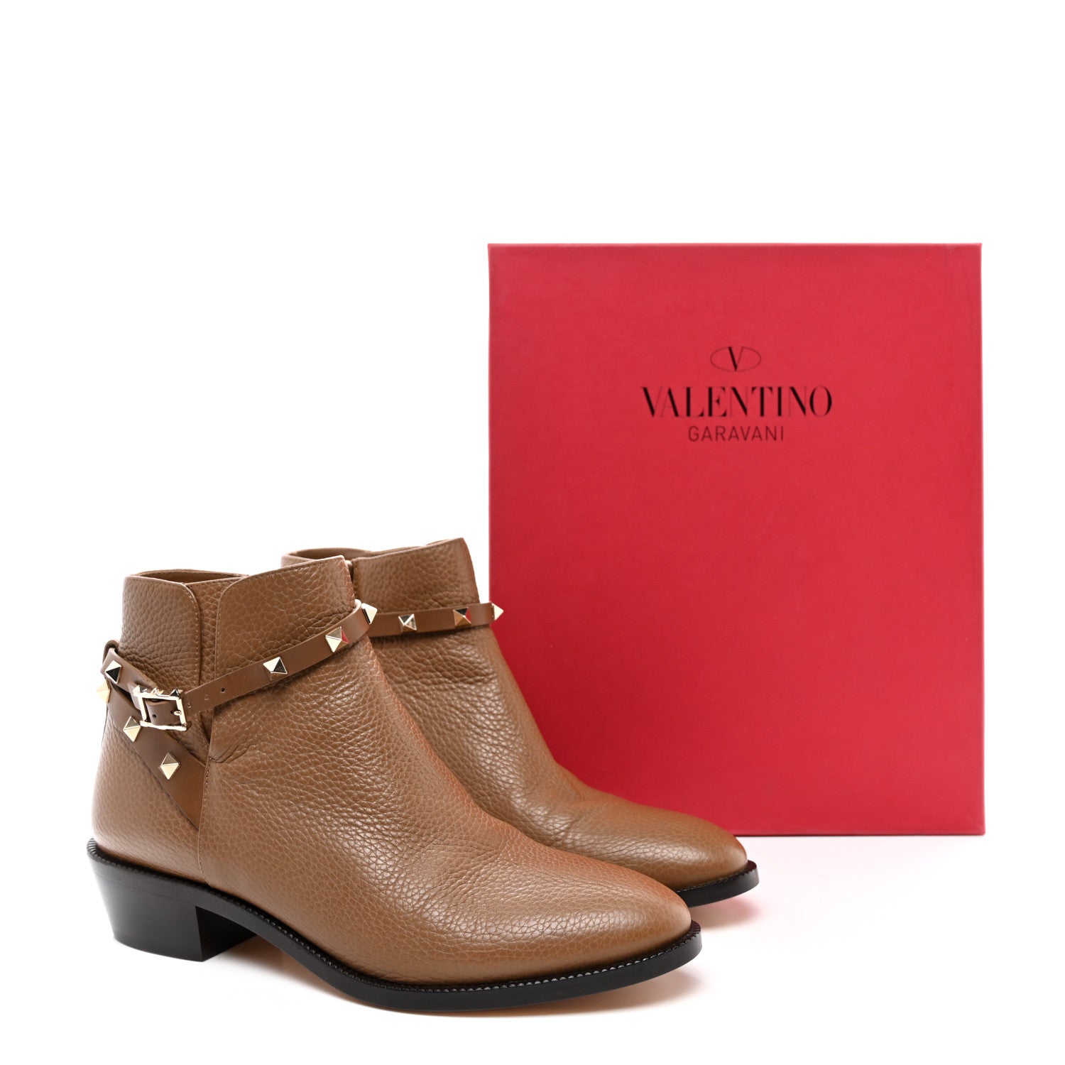 Valentino Garavani Grained Calfskin Rockstud Single Buckle 35mm Cowboy Ankle Boots 39.5 Nocciola 9 of 9