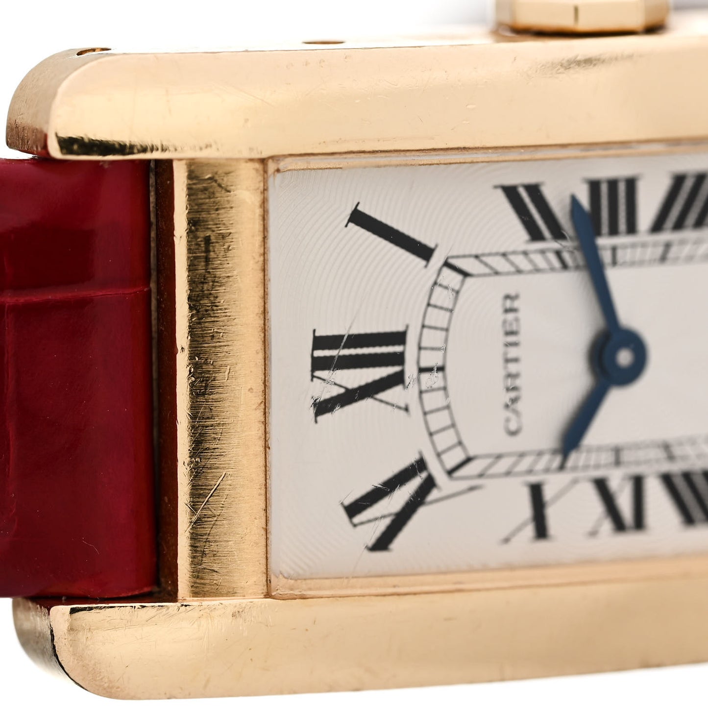 18K Yellow Gold Alligator 19mm Tank Americaine Quartz Watch Red