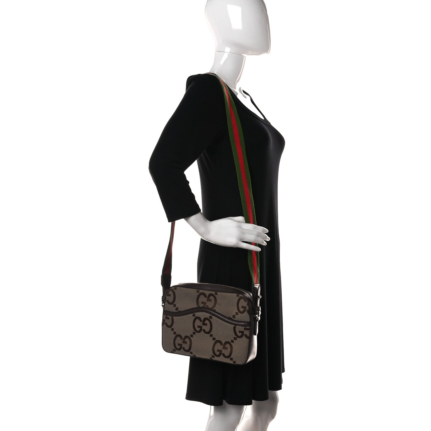 Gucci Monogram Jumbo GG Textured Dollar Calfskin Web Messenger Shoulder Bag Camel Ebony New Acero 2 of 10