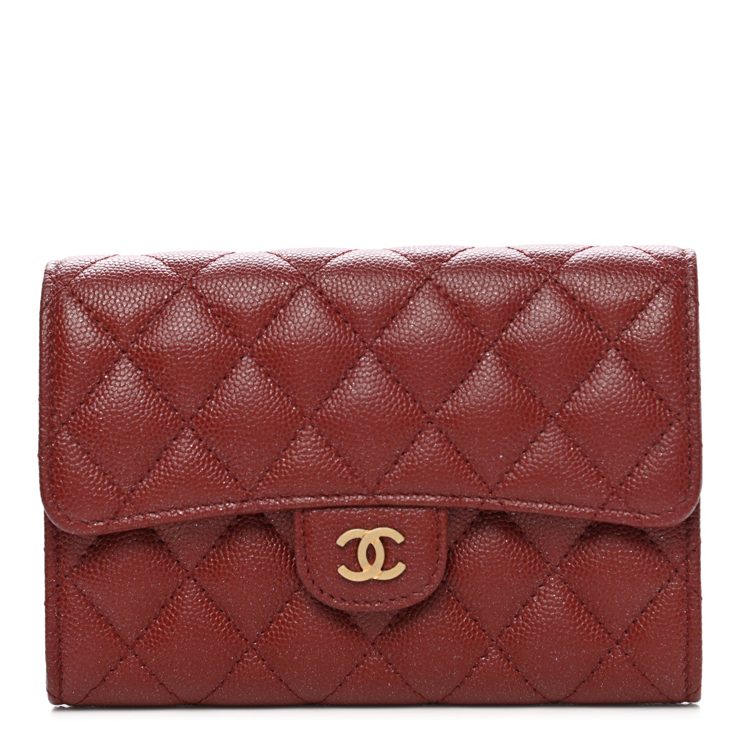 Iridescent Caviar Quilted Medium Flap Wallet Burgundy