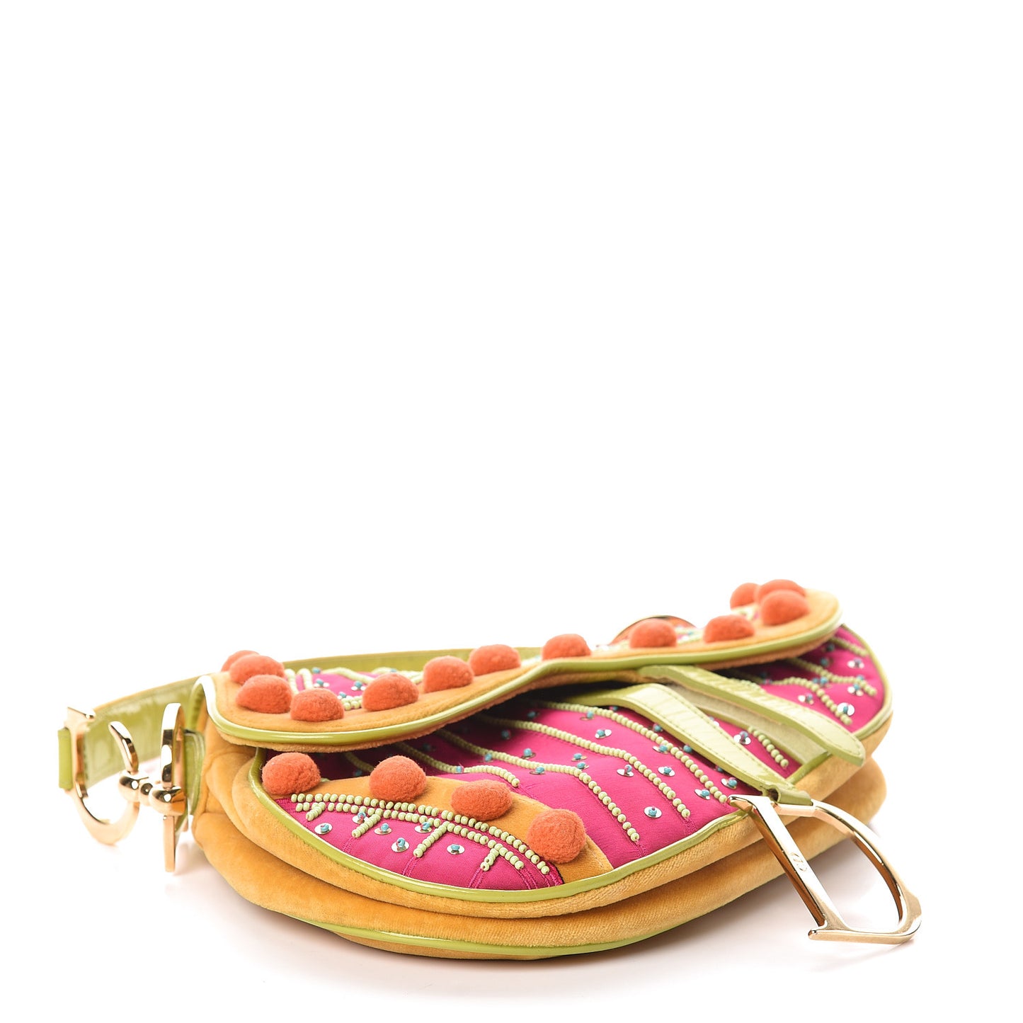 Velvet Nylon Pom Pom Saddle Bag Multicolor