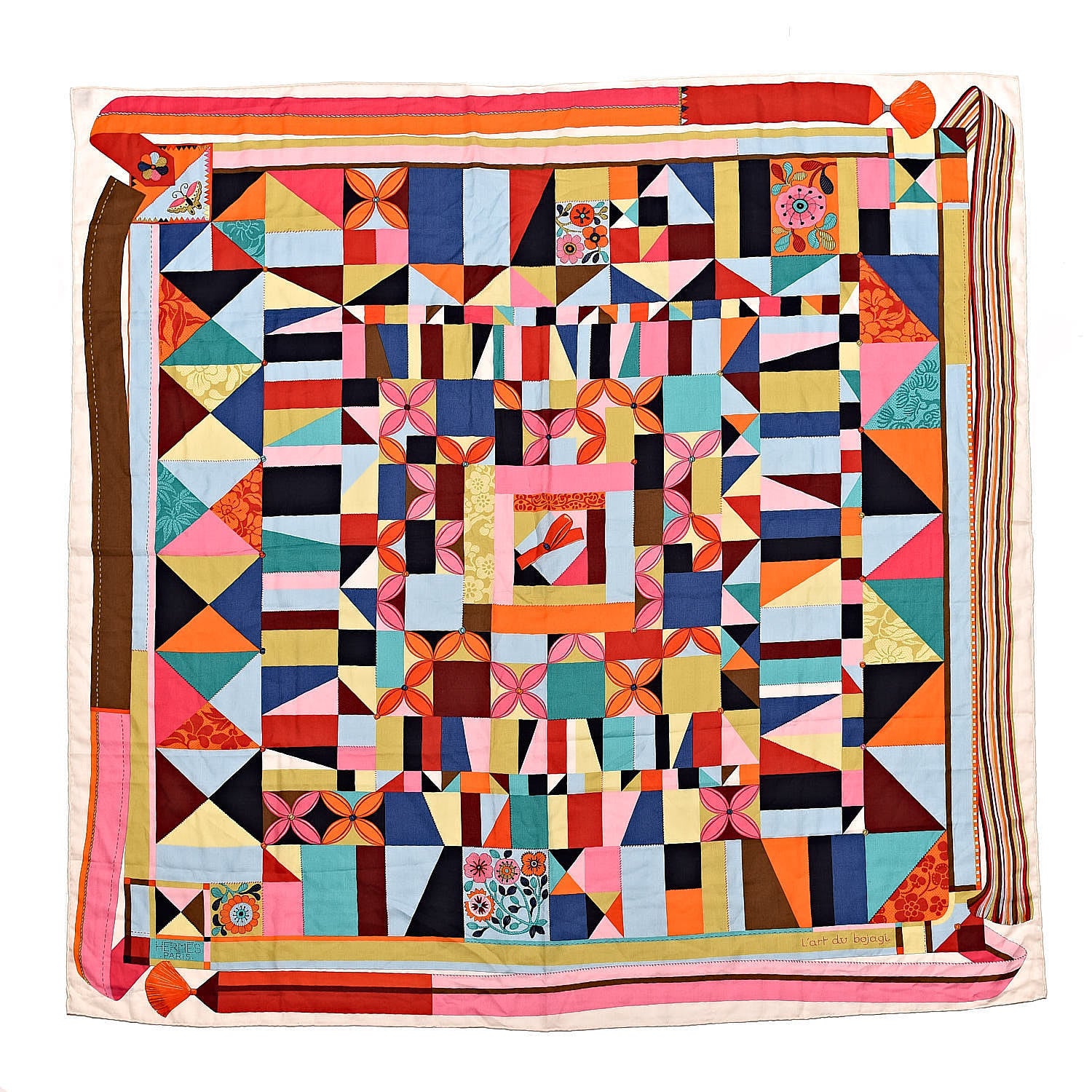 Hermes Cashmere Silk L'Art du Bojagi Shawl 140 Blanc Turquoise Orange 2 of 5