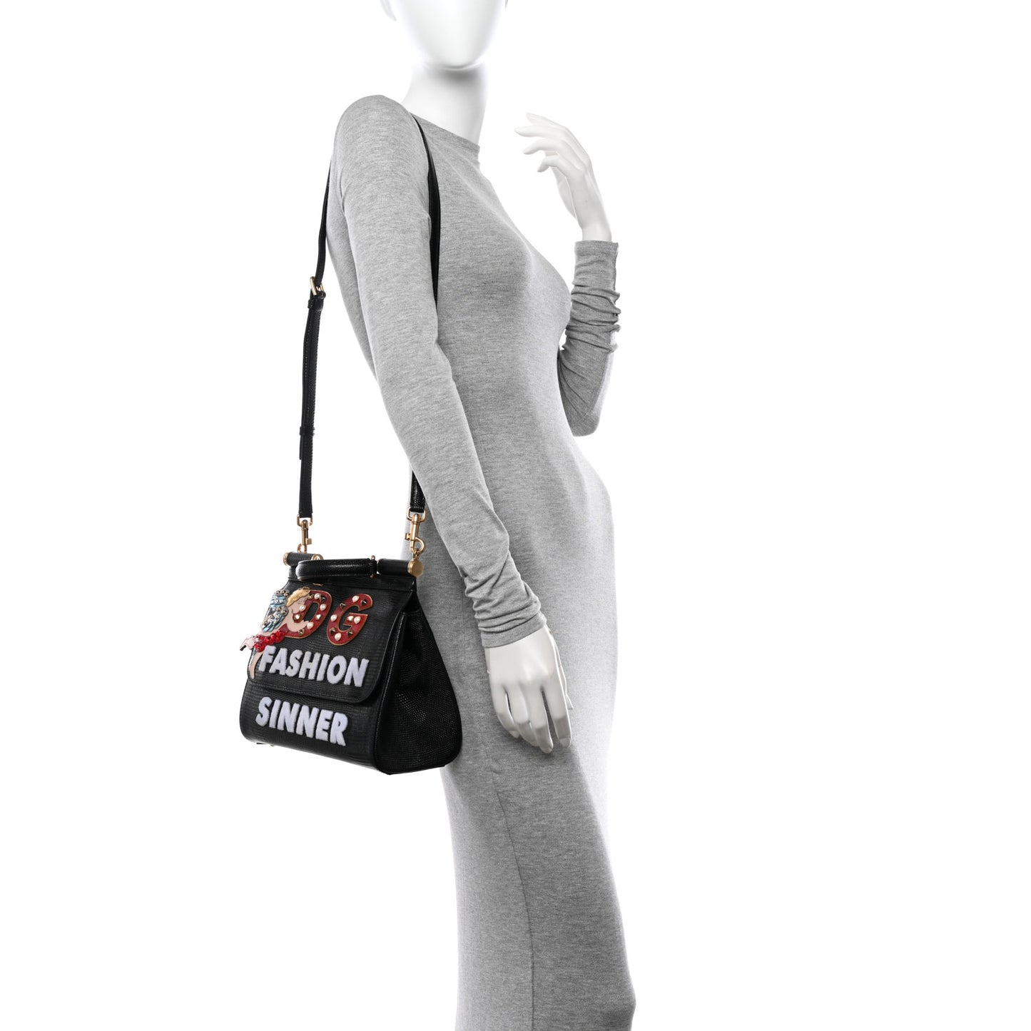 DOLCE & GABBANA Calfskin Iguana Embossed Studded Medium Fashion Sinner Patch Miss Sicily Satchel Black