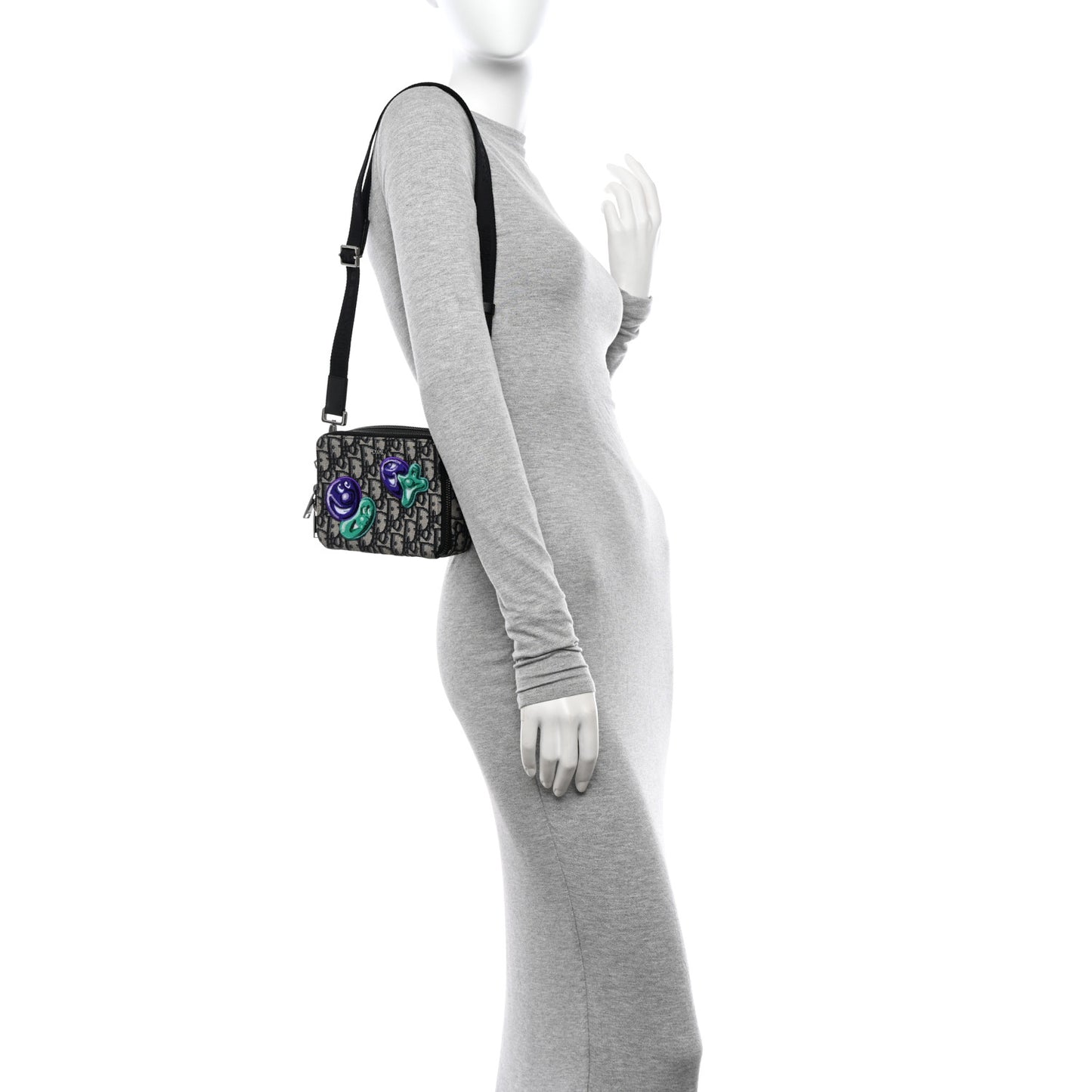 X KENNY SCHARF Oblique Canvas Embroidered Patches Crossbody Charcoal