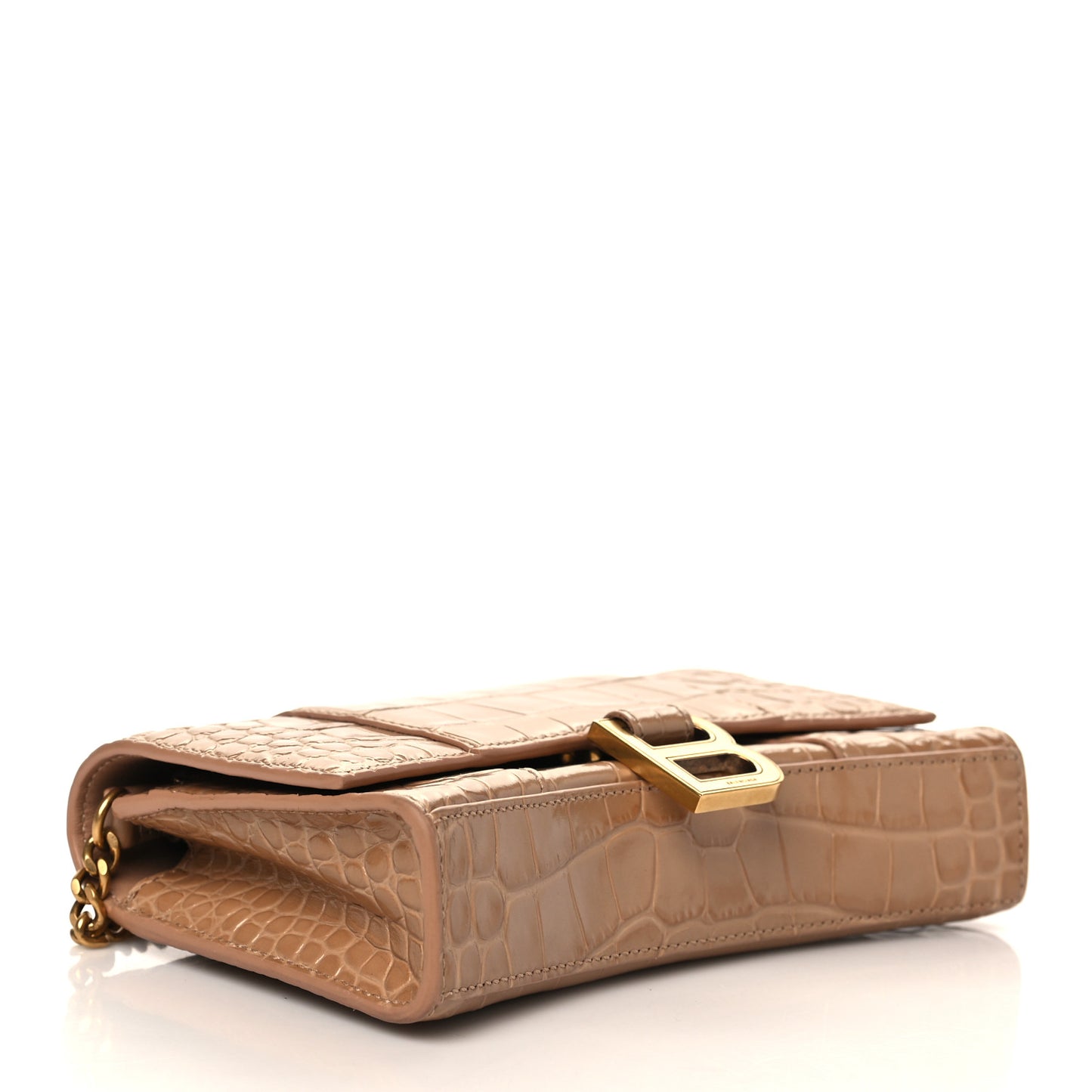 Shiny Calfskin Crocodile Embossed Hourglass Chain Bag Nude Beige