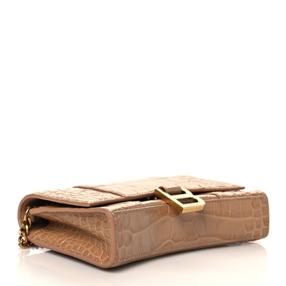 Balenciaga Shiny Calfskin Crocodile Embossed Hourglass Chain Bag Nude Beige 4 of 6