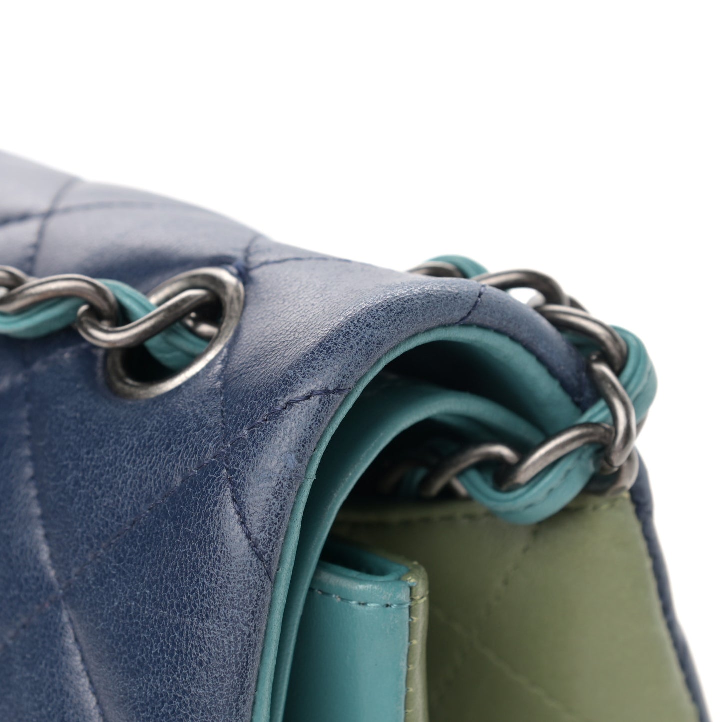Lambskin Quilted Tri-Color Jumbo Double Flap Navy Blue Green