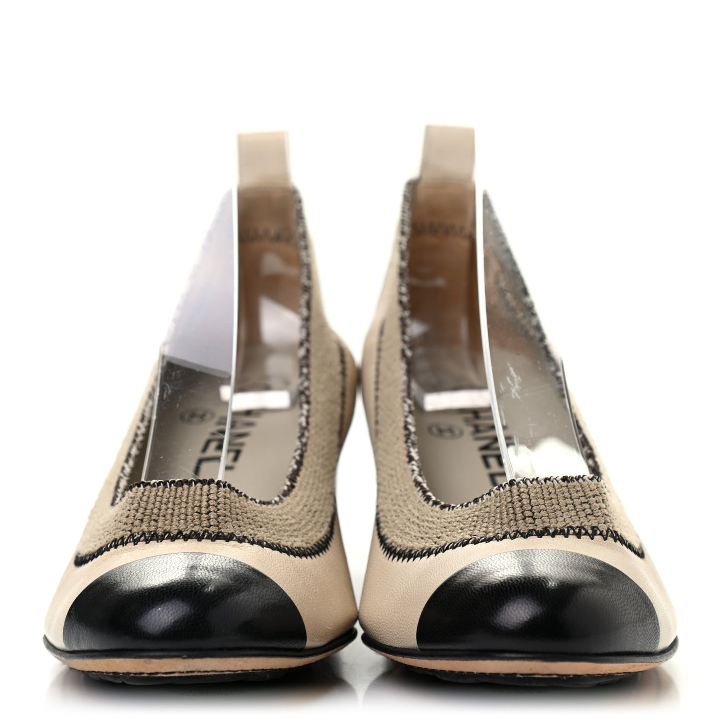 Lambskin Patent CC Elastic Stretch Pumps 36 Beige Black