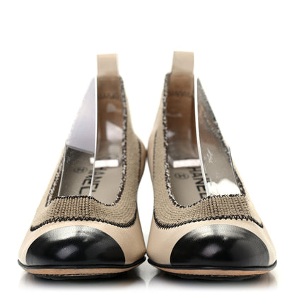 Chanel Lambskin Patent CC Elastic Stretch Pumps 36 Beige Black 2 of 8