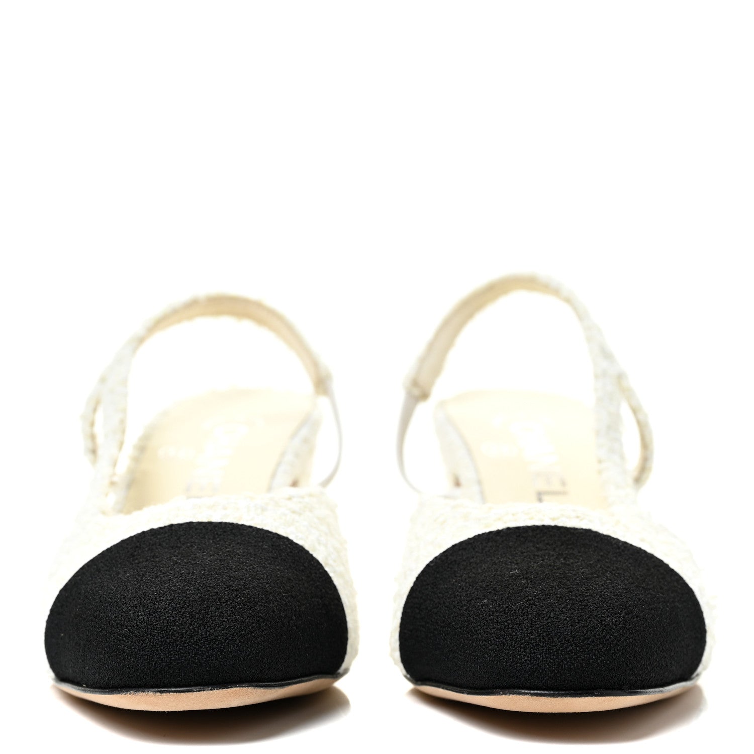 Chanel Tweed Cap Toe CC Slingback Pumps 37 Ivory Black 2 of 9