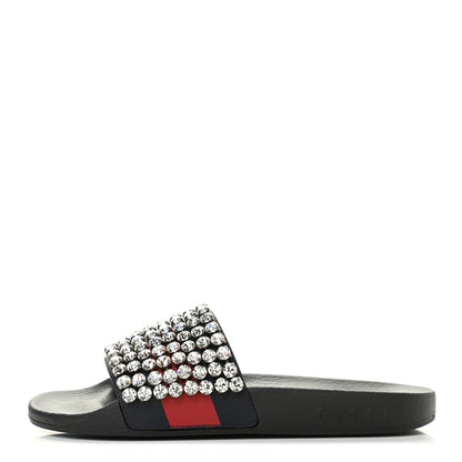 Gucci Calfskin Crystal Embellished Web Slide Sandals 37 Blue Red 1 of 7