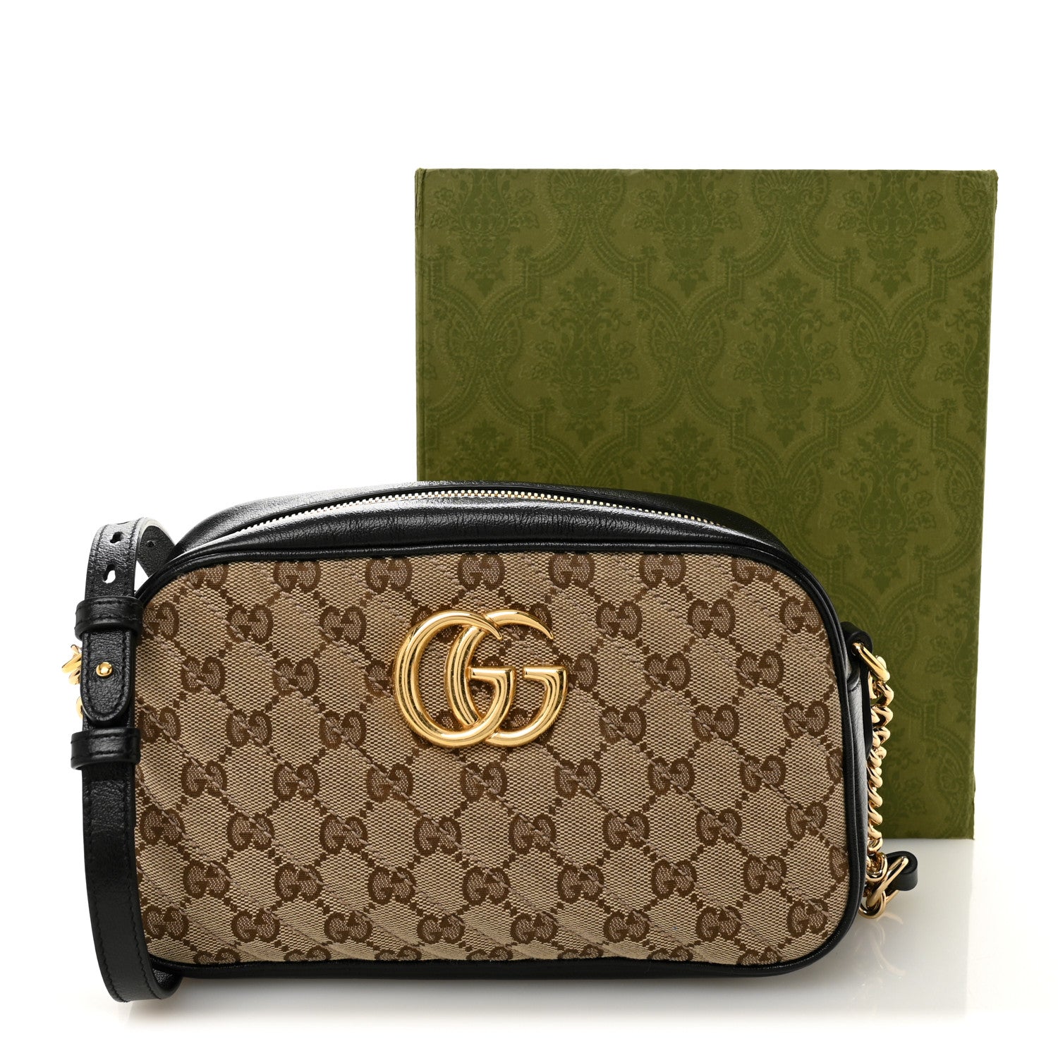 Gucci Monogram Matelasse Diagonal Small GG Marmont Chain Shoulder Bag Beige Black 12 of 12