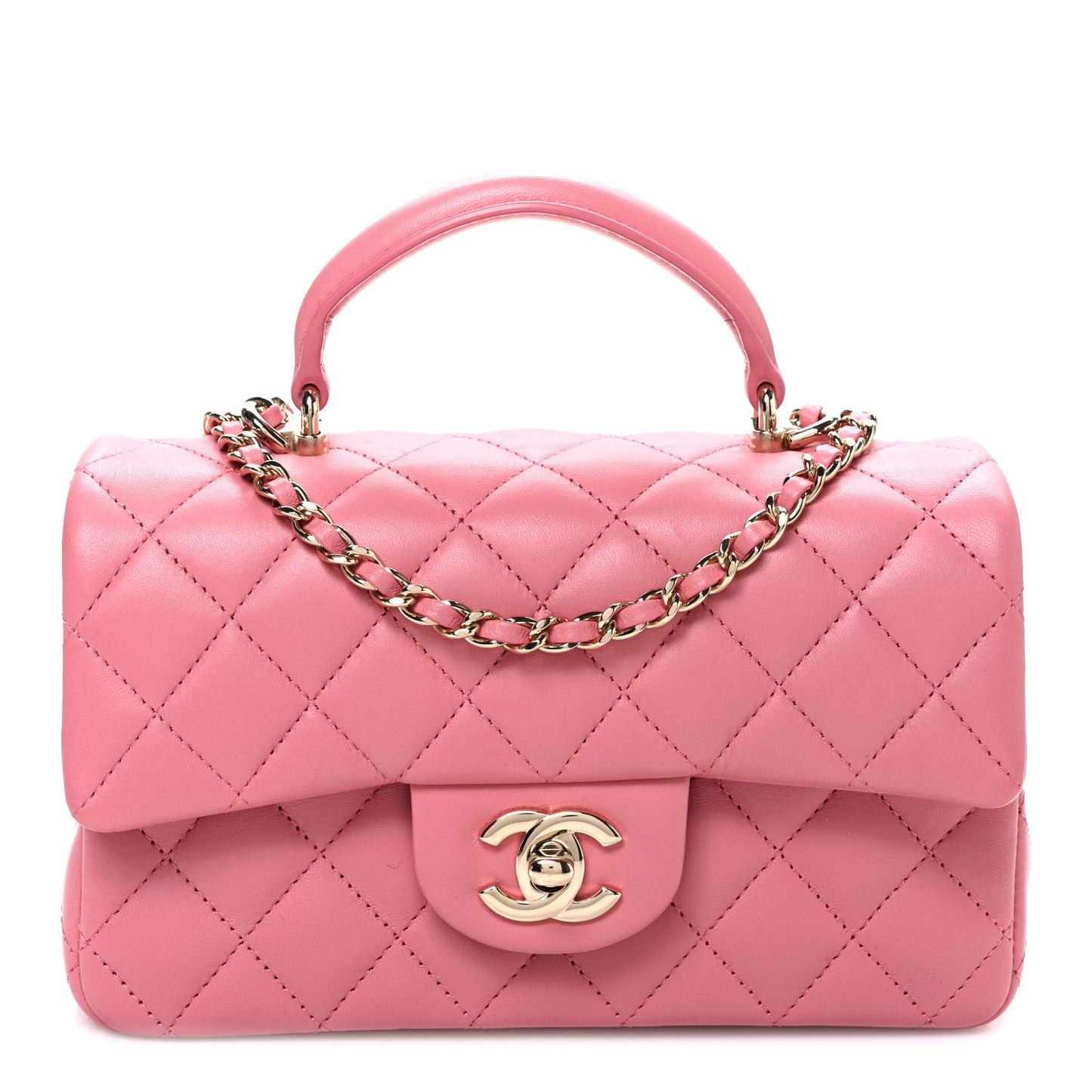 Lambskin Quilted Mini Top Handle Rectangular Flap Pink