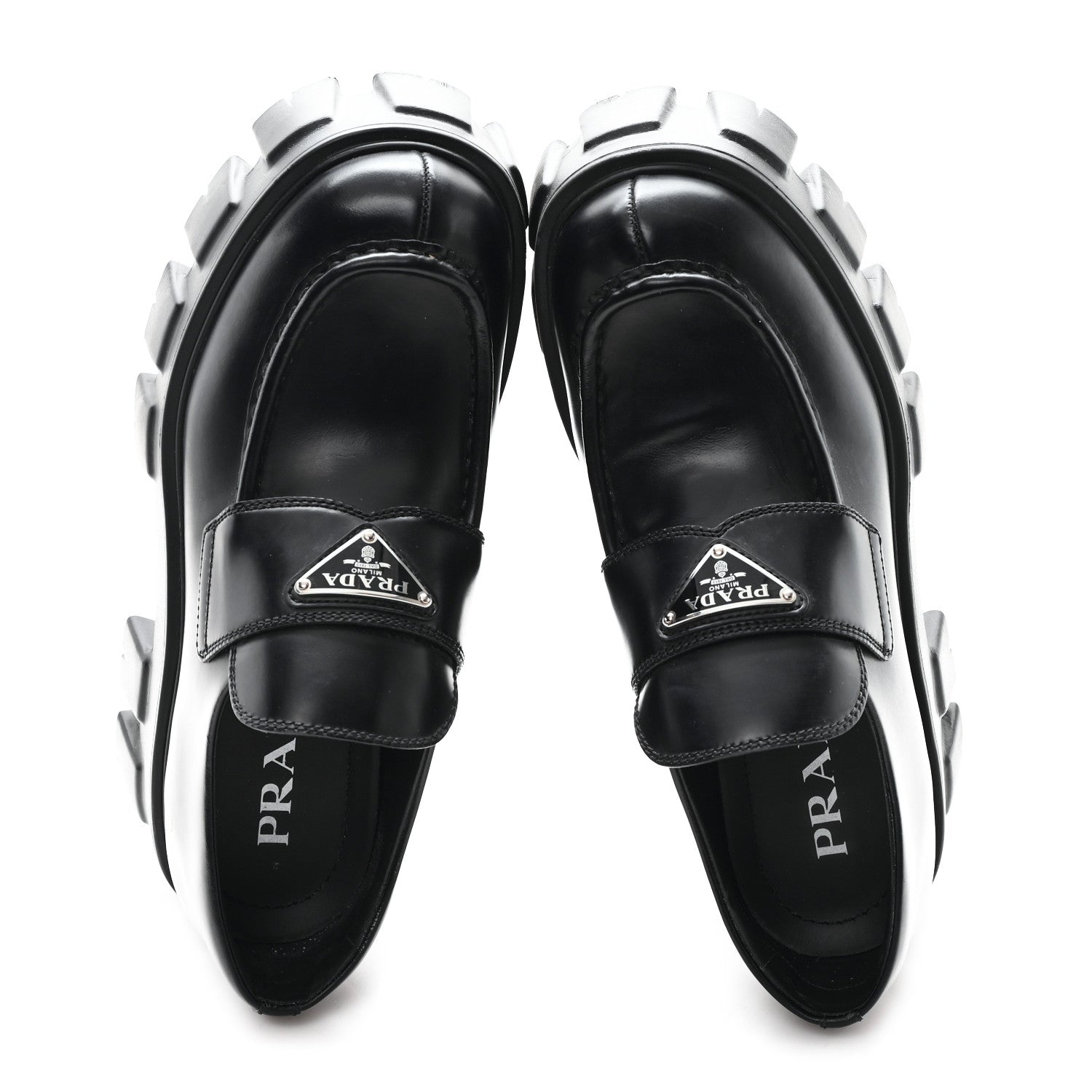 Prada Spazzolato Rois Metal Triangle Logo Monolith 55mm Loafers 38 Black 2 of 10