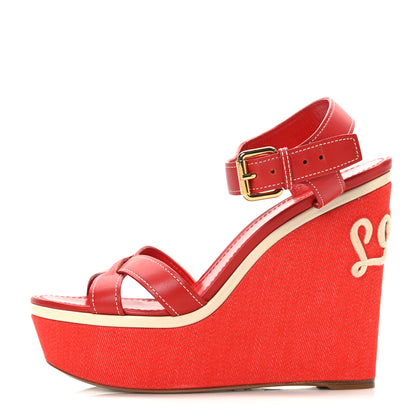 Louis Vuitton Canvas Waterfall Wedge Sandals 38.5 Red 1 of 9