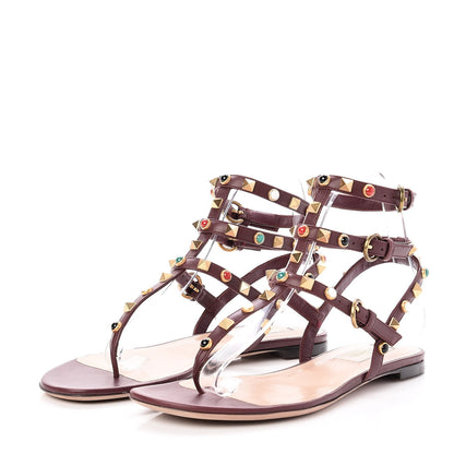 Valentino Garavani Calfskin Rockstud Rolling Cabochon Ankle Wrap Flat Thong Sandals 37.5 Cacao 3 of 8