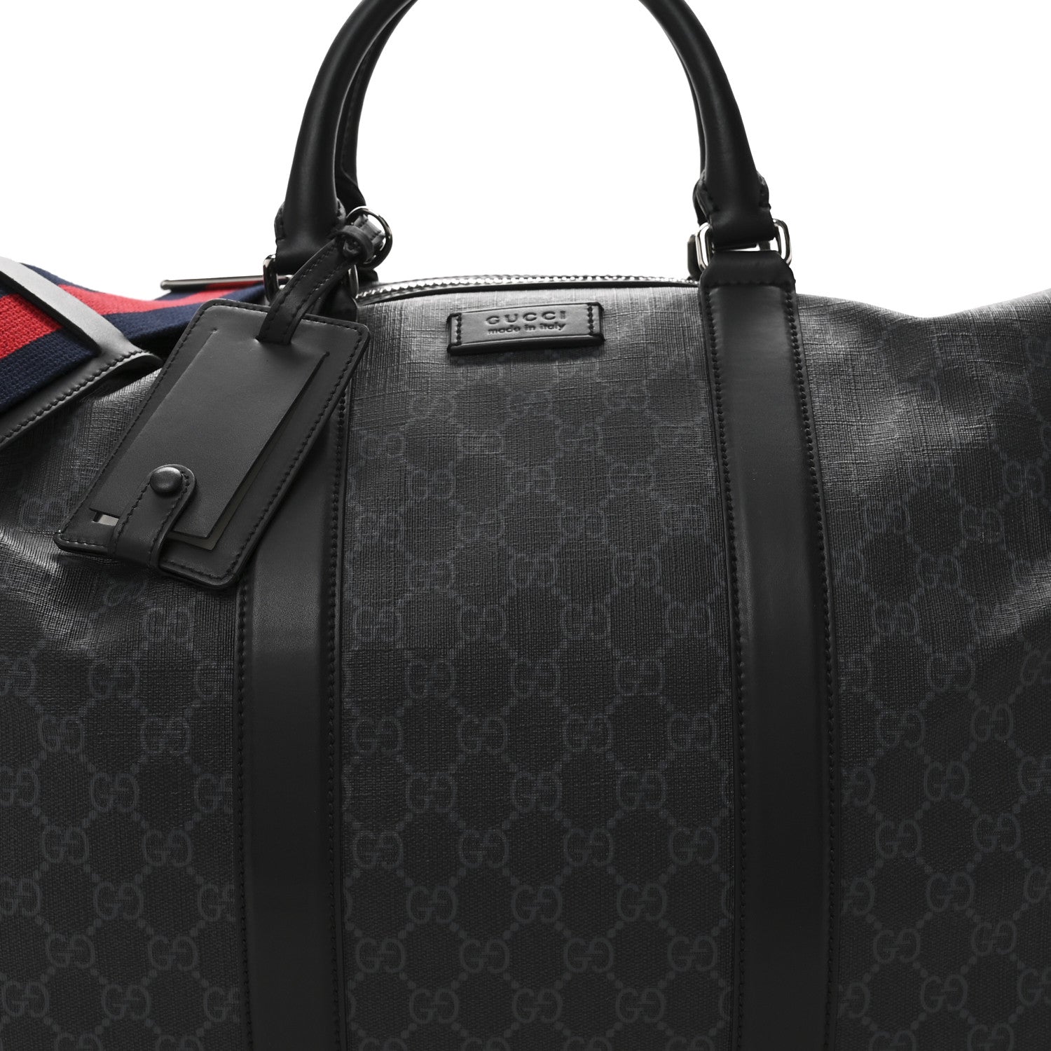 Gucci Soft GG Supreme Monogram Appia Calfskin Web Large Carry On Duffle Bag Black Grey 7 of 12