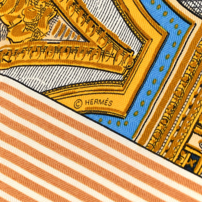 Hermes Cashmere Silk Grand Theatre Nouveau Shawl 140 Bleu Gold White 3 of 5