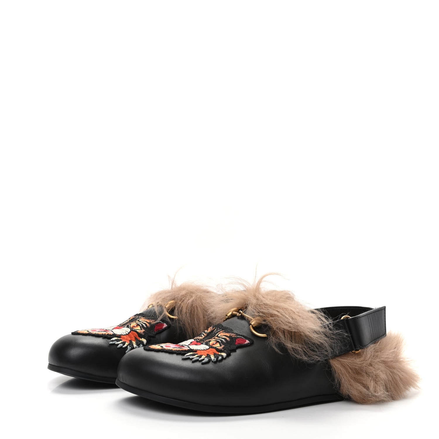 Gucci Calfskin Fur Angry Cat Embroidered Mens Horsebit River Slingback Slippers 9 Black 3 of 8