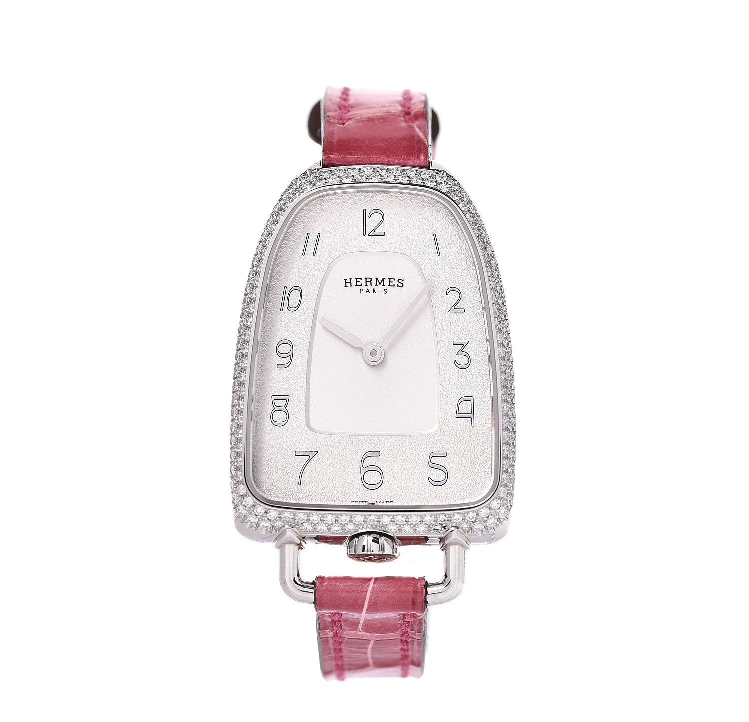 Hermes Stainless Steel Alligator Diamond Bezel 26mm Galop Quartz Watch Framboise 1 of 7