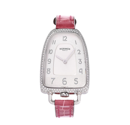 Hermes Stainless Steel Alligator Diamond Bezel 26mm Galop Quartz Watch Framboise 1 of 7