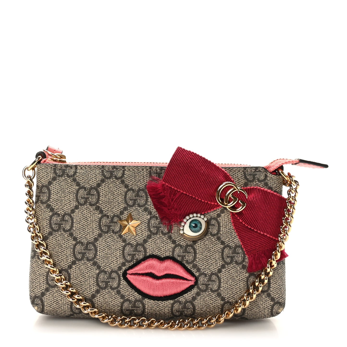 GG Supreme Monogram Embroidered Face Chain Pouch Pink