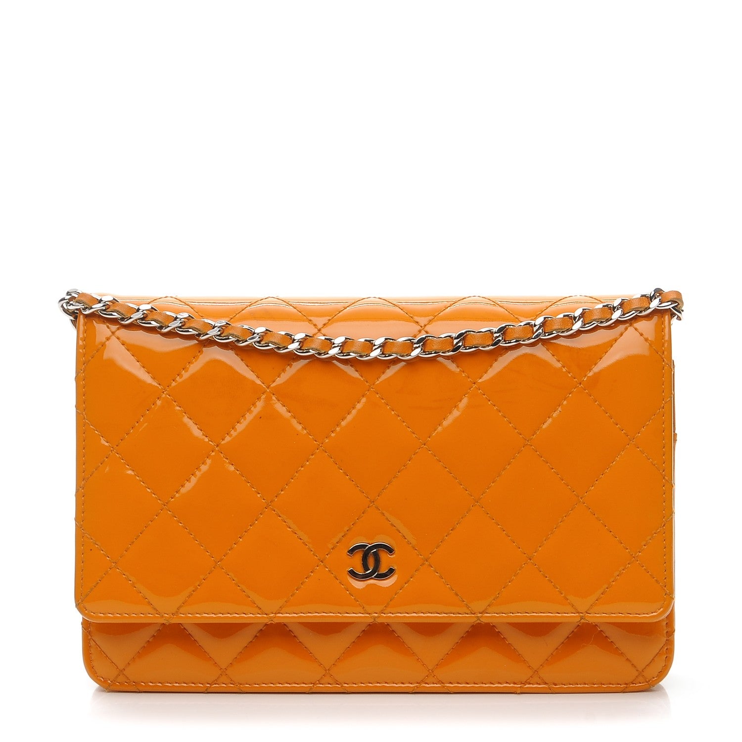 Chanel Patent Quilted Wallet On Chain WOC Orange 1 of 12