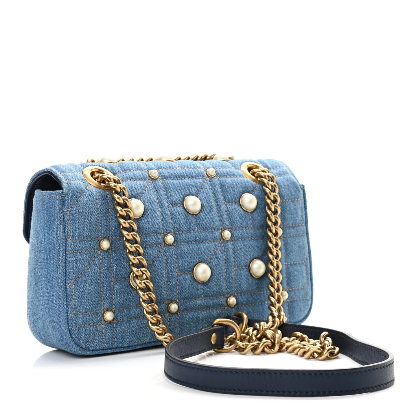 Denim Matelasse Pearl Studded Mini GG Marmont Shoulder Bag Blue