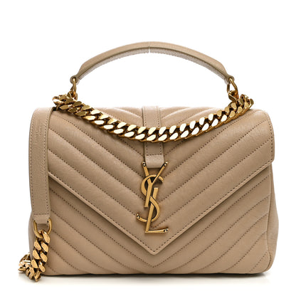 Saint Laurent Sheepskin Matelasse Chevron Monogram Medium College Bag Dark Beige 1 of 10