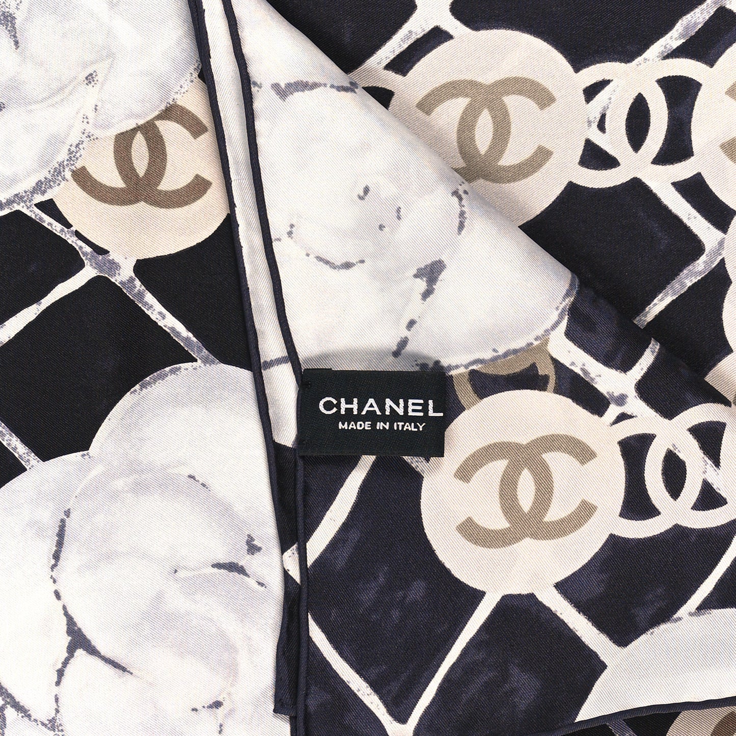 Silk Camellia CC Square Scarf Black