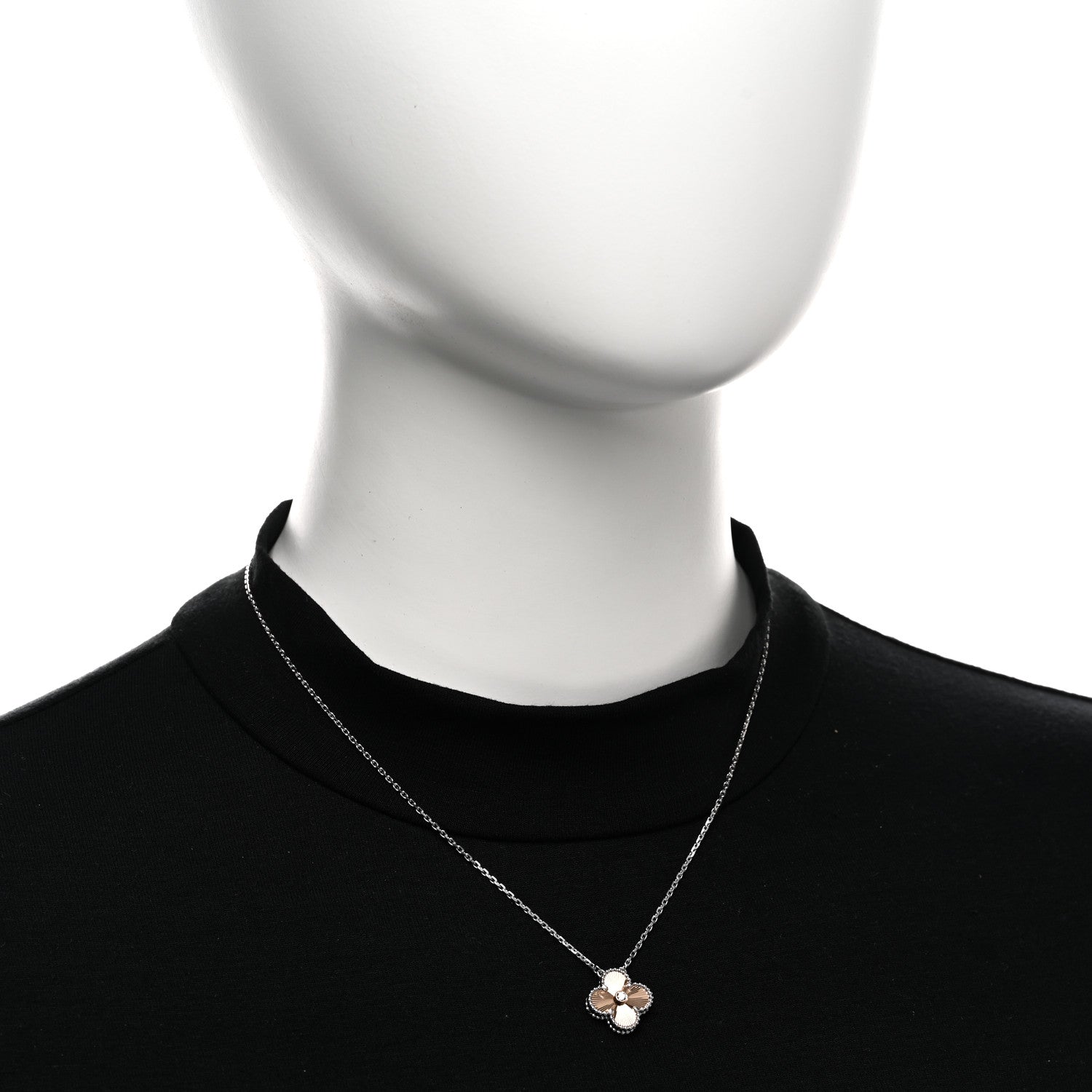 Van Cleef & Arpels 18K White Rose Gold Diamond Guilloche Vintage Alhambra Pendant Necklace 2 of 5