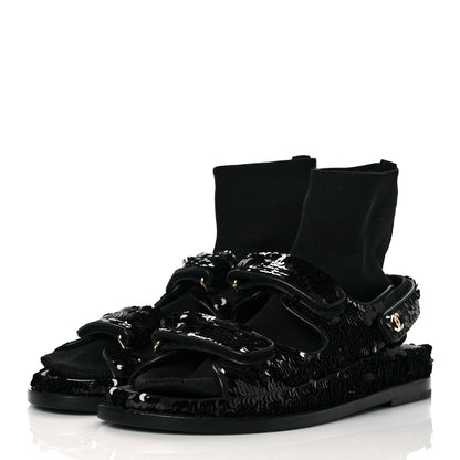 Chanel Sequin Knit Velcro Dad Sandals 38 Black 3 of 9