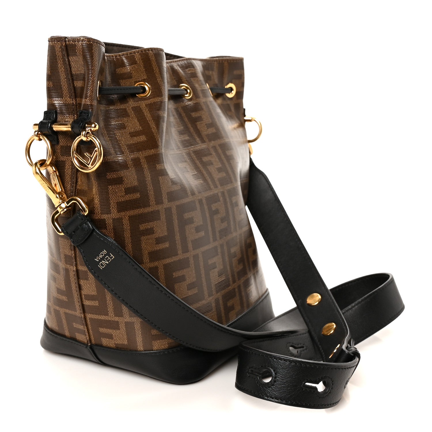 Fendi Glazed Fabric Vitello Grace F is Fendi FF 1974 Stamp Patch Grande Mon Tresor Bucket Bag Mogano Panna Black 3 of 12