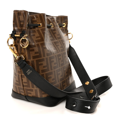 Fendi Glazed Fabric Vitello Grace F is Fendi FF 1974 Stamp Patch Grande Mon Tresor Bucket Bag Mogano Panna Black 3 of 12