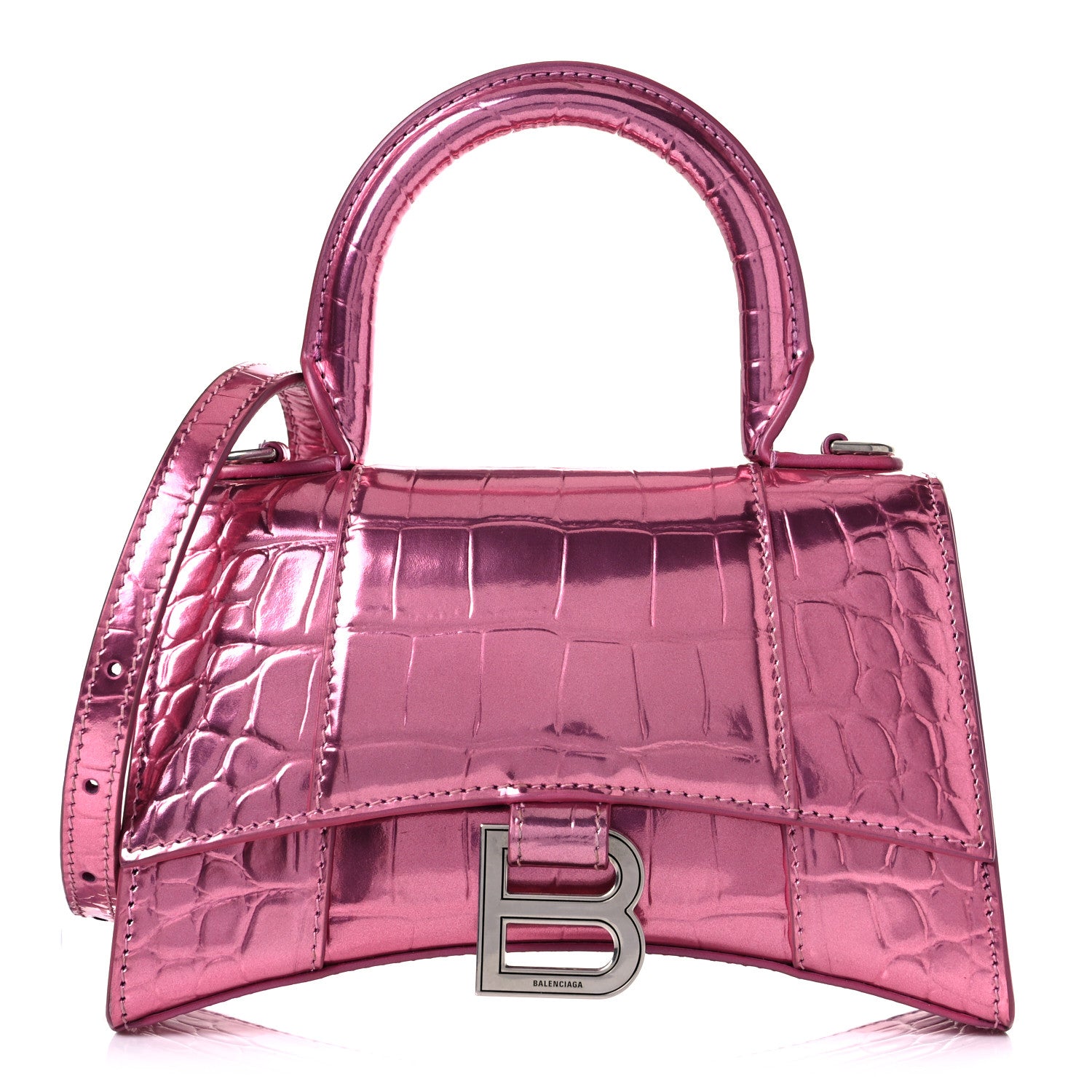 Balenciaga Metallic Shiny Calfskin Crocodile Embossed Hourglass Top Handle Bag XS Pink 1 of 18