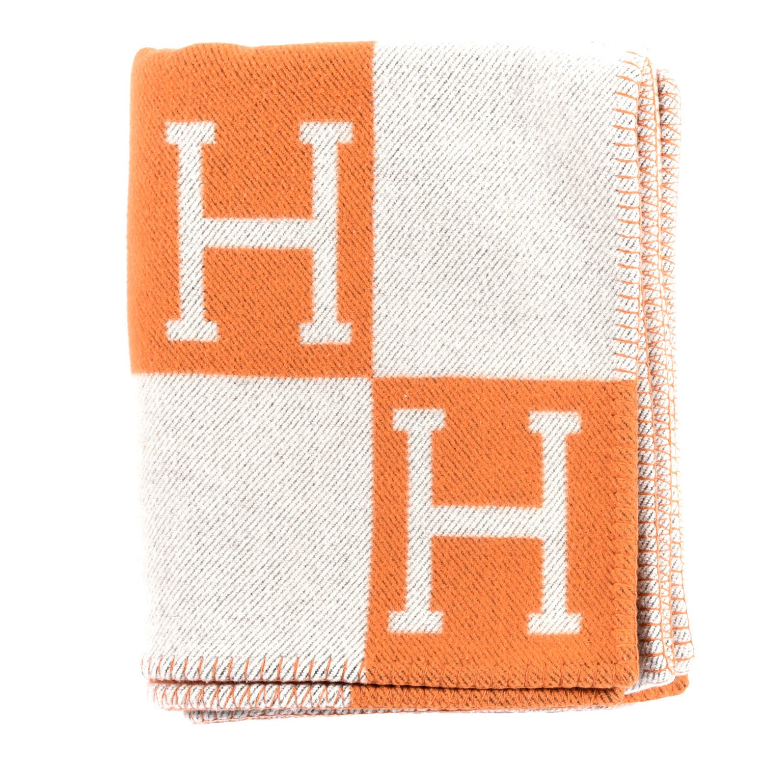 Hermes Wool Cashmere Signature Classic Avalon Blanket Ecru Potiron 1 of 3