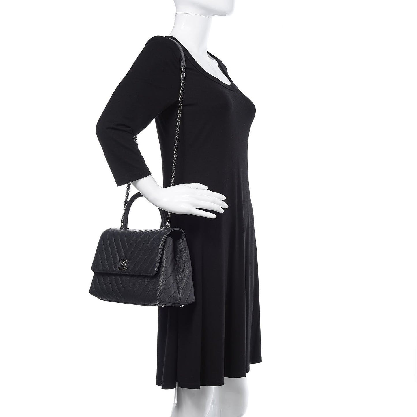Caviar Chevron Quilted Small Coco Handle Flap Black