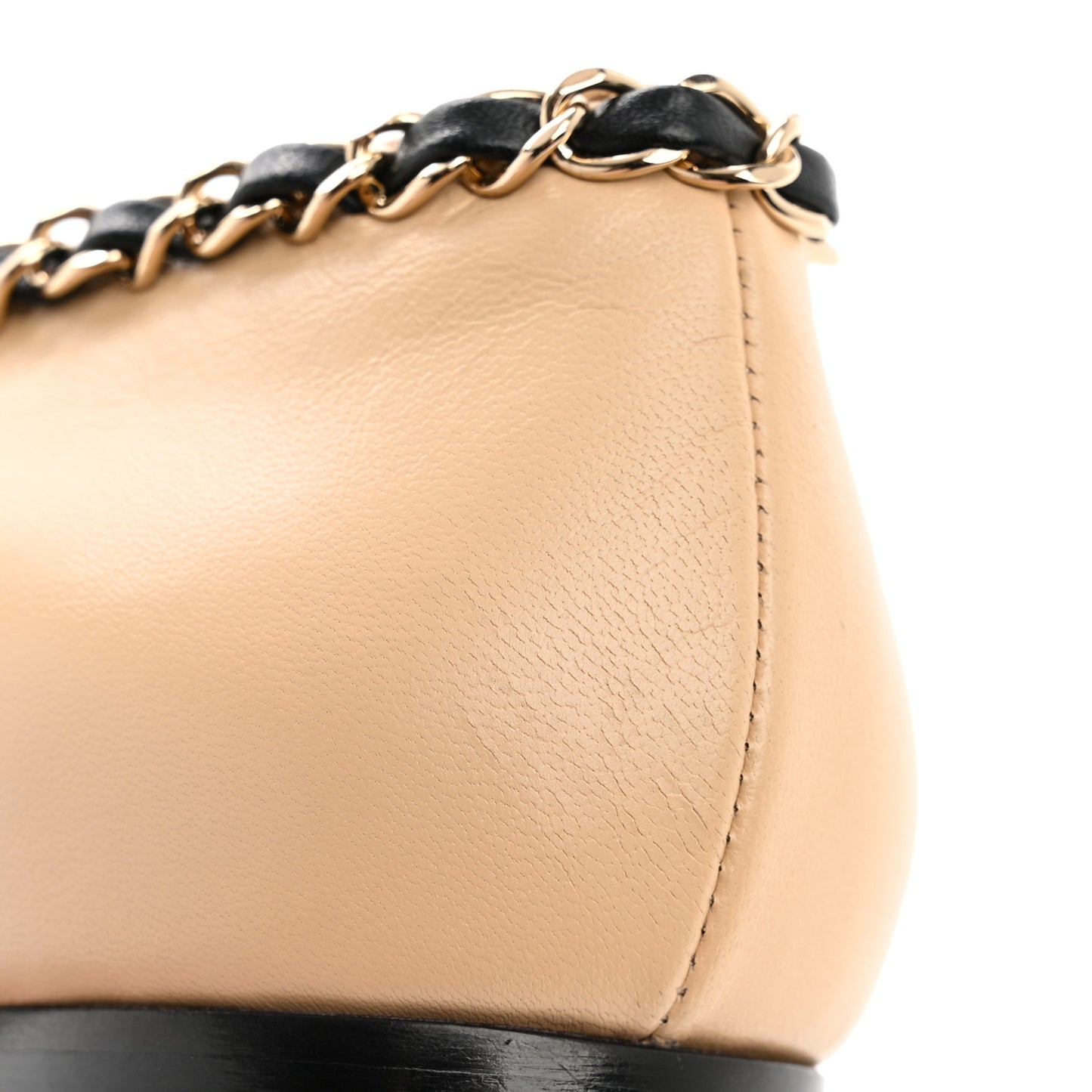 Lambskin Grosgrain Chain Cap Toe Flats 37.5 Beige Black