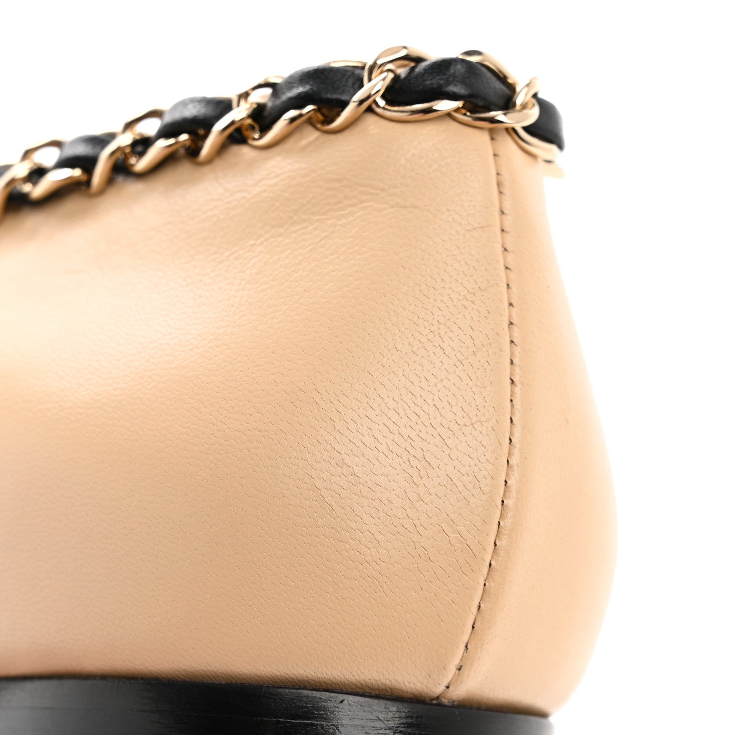Chanel Lambskin Grosgrain Chain Cap Toe Flats 37.5 Beige Black 10 of 11